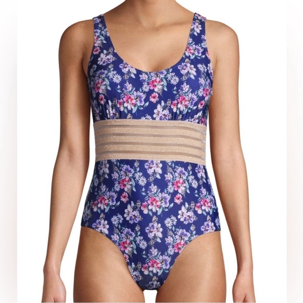 Nicole Miller Trim Torso One Piece Swimsuit Blue Floral Women’s Medium M